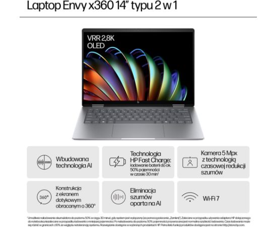 HP Envy x360 14-fa0016nw Ryzen 7 8840HS 14"WUXGA Touch 300nits 16GB LPDDR5-6400 SSD512 Radeon 780M Cam 5 Mpx IR 59Wh Win11 Meteor Silver Aluminum 2Y Portatīvie datori