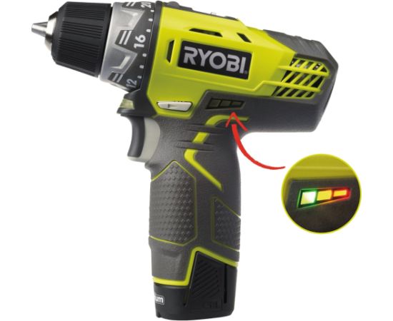Ryobi cordless compact screwdriver R12DD-220S, 12 volts (green/black, Li-ion battery 2.0 Ah, tool bag) Новинки Для дома и сада 