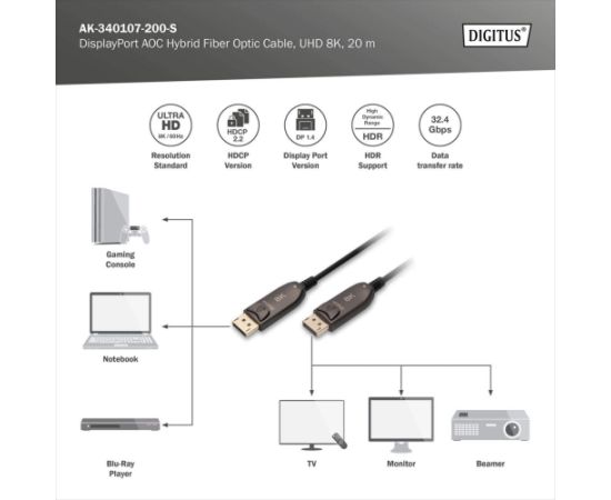 Digitus DisplayPort AOC Hybrid fiber optic cable, UHD 8K (black, 20 meters) Dažādi vadi