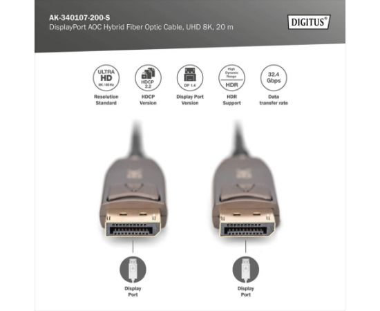 Digitus DisplayPort AOC Hybrid fiber optic cable, UHD 8K (black, 20 meters) Dažādi vadi