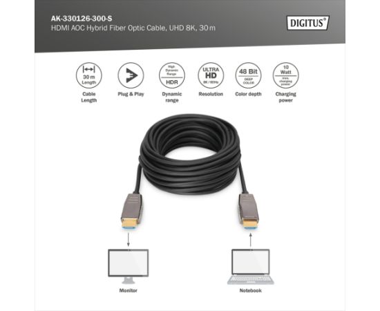 Digitus HDMI AOC Hybrid Fiber Optic Cable, UHD 8K (black, 30 meters) Dažādi vadi
