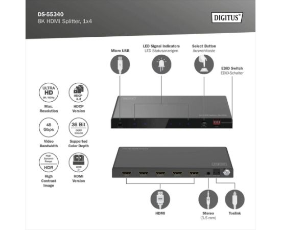 Digitus 8K HDMI Splitter, 1x4 black, with downscaler Dažādi vadi