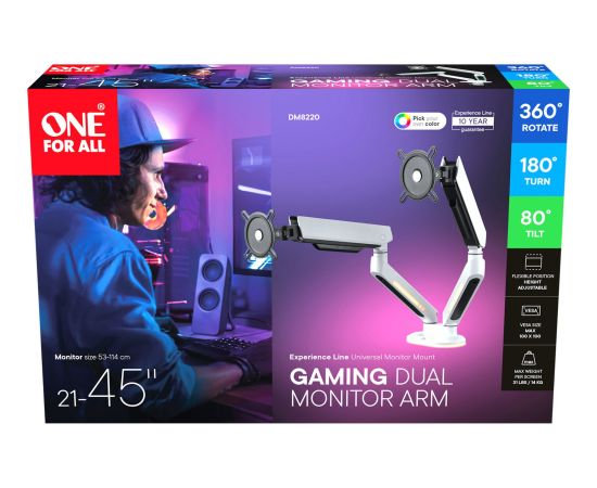 ONE FOR ALL Universal Gaming Dual Monitor Arm (DM8220), Monitor Mount White, RGB Крепления для телевизоров