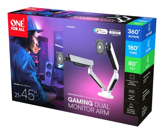 ONE FOR ALL Universal Gaming Dual Monitor Arm (DM8220), Monitor Mount White, RGB Крепления для телевизоров