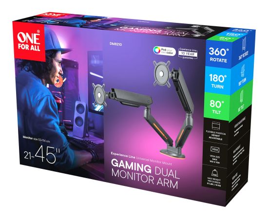 ONE FOR ALL Universal Gaming Dual Monitor Arm (DM8210), Monitor Mount Grey, RGB Крепления для телевизоров