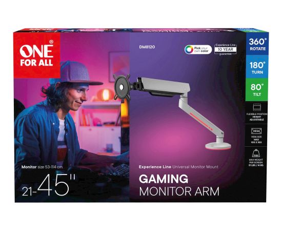 ONE FOR ALL Universal Gaming Single Monitor Arm (DM8120), Monitor Mount White, RGB Крепления для телевизоров