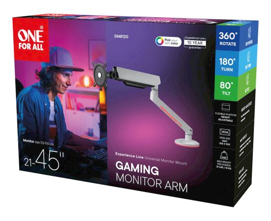 ONE FOR ALL Universal Gaming Single Monitor Arm (DM8120), Monitor Mount White, RGB Крепления для телевизоров