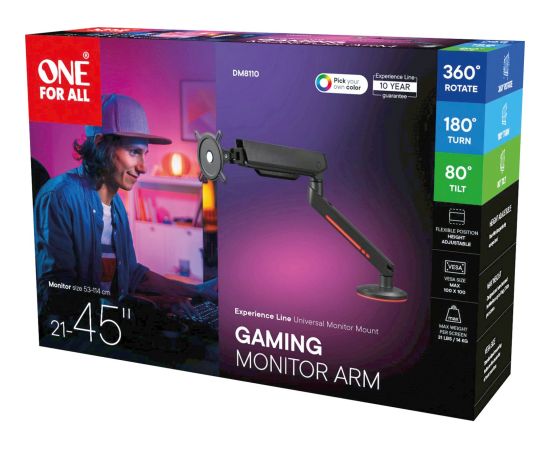 ONE FOR ALL Universal Gaming Single Monitor Arm (DM8110), Monitor Mount Grey, RGB Крепления для телевизоров