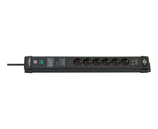 Brennenstuhl Premium-Line 6-way power strip, black, 3 meters, 60,000A surge protection, 2x USB-A Strāvas pagarinātāji