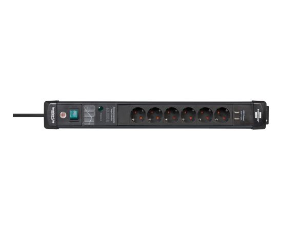 Brennenstuhl Premium-Line 6-way power strip, black, 3 meters, 60,000A surge protection, 2x USB-A Strāvas pagarinātāji