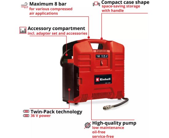 EINHELL Cordless Portable Compressor TE-AC 36/8 Li OF Set - Solo, 36Volt (2x18V) red, without battery and charger Новинки Для дома и сада 