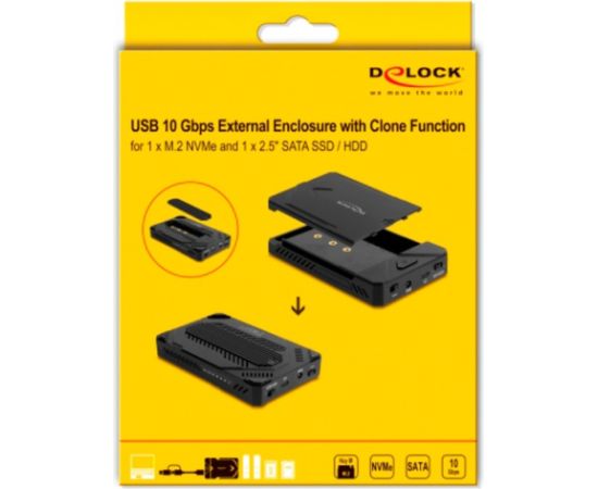 DeLOCK USB Type-C Enclosure for 1 x M.2 NVMe SSD + 1 x 2.5” SATA SSD / HDD, drive enclosure black, with clone function Korpusi ārējiem HDD, SSD