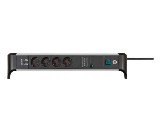 Brennenstuhl Alu-Office-Line 4-way power strip for the desk, black/aluminum, 1.8 meter cable, 60,000A surge protection, 2x USB-A Strāvas pagarinātāji