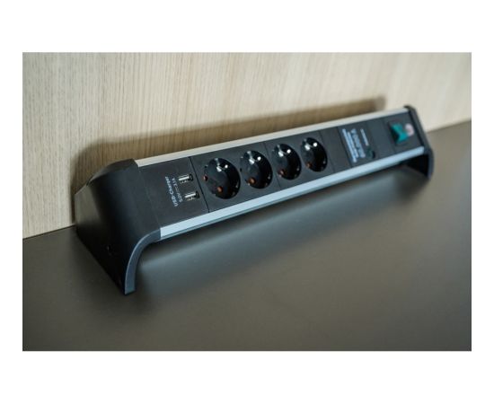 Brennenstuhl Alu-Office-Line 4-way power strip for the desk, black/aluminum, 1.8 meter cable, 60,000A surge protection, 2x USB-A Strāvas pagarinātāji