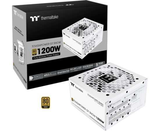 Thermaltake Toughpower GT Snow 1200W, PC power supply white, 2x 12-pin high power GPU, 5x PCIe, cable management, 1200 watts Datoru barošanas bloki