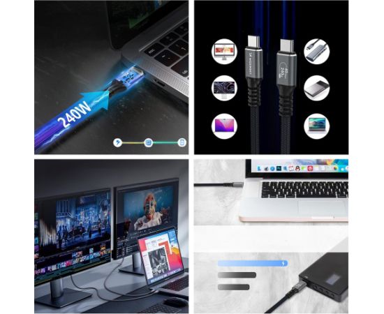 USB cable Wozinsky WPS-UY42S USB-C Thunderbolt 4 240W 2.0m black Data USB kabeļi