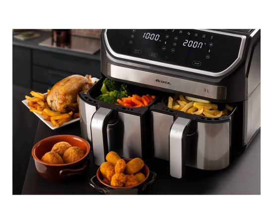 Ariete Dual Metal 9L hot air fryer, stainless steel/black, 2100 watts, 2 baskets of 4.5 liters each Taukvāres katli