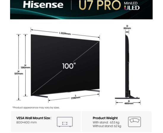 TV Set HISENSE 100U7Q PRO 100" 4K Ultra HD Flat 16:9 ULED Телевизоры