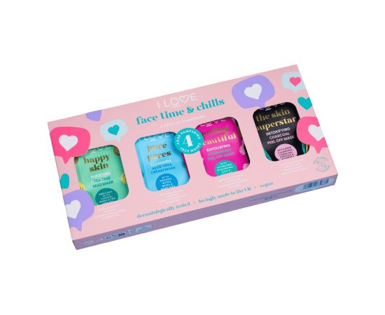 Time & Chills Set I Love: Beautiful Peeling, Peeling, Sheet Mask, For Face, 10 ml + Skin Superstar, Detoxifying, Sheet Mask, For Face, 10 ml + Happy Skin, Purifying, Sheet Mask, For Face, 10 ml + Pure Pores, Cleansing, Sheet Mask, For Face, 10 ml Dāvanu komplekti
