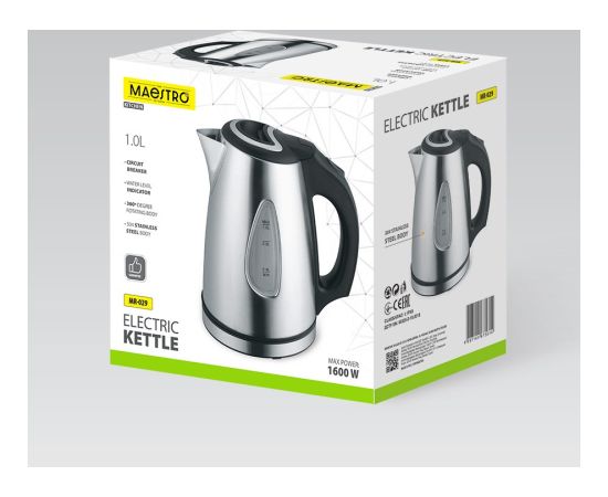Electric kettle MAESTRO MR-029NEW 1l Stainless steel 1600 W Tējkannas (elektriskās)