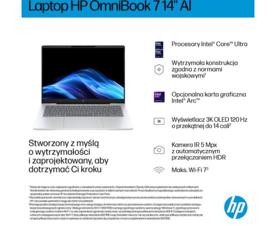 HP OmniBook 7 AI 14-fr0221nw Ultra 5 225U 14"2K 300nits AG 16GB LPDDR5-5200 SSD512 Intel Graphics Cam 5 Mpx IR 68Wh Win11 Glacial Silver 2Y Portatīvie datori