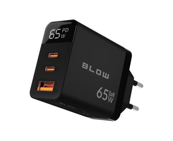 Blow LCD wall charger USB socket + USB-Cx2 PD 65W GAN black wattmeter Telefonu lādētāji 220v