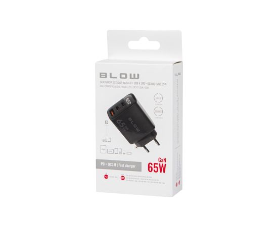 Blow LCD wall charger USB socket + USB-Cx2 PD 65W GAN black wattmeter Telefonu lādētāji 220v