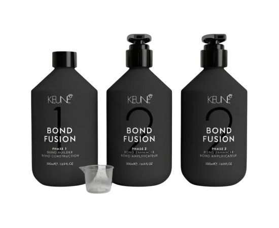 Set Keune: Bond Fusion Phase 1, Hair Treatment Lotion Mask, Bond Repair, 500 ml + Bond Fusion Phase 2, Hair Treatment Lotion Mask, Bond Enhancer, 500 ml + Measuring Plastic Cup Matu kopšana