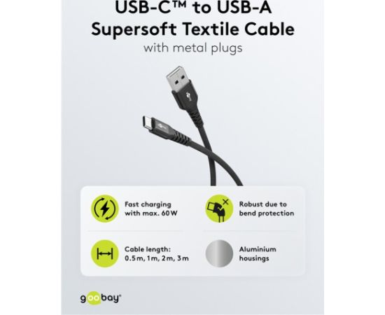 Goobay USB-C to USB-A Supersoft Textile Cable with Metal Plugs 74526 USB-C to USB-A Data USB kabeļi