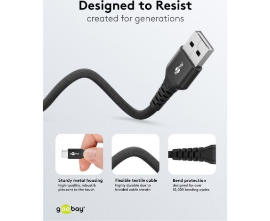Goobay USB-C to USB-A Supersoft Textile Cable with Metal Plugs 74526 USB-C to USB-A Data USB kabeļi