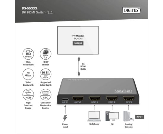 Digitus 8K HDMI Switch, 3x1 DS-55333 Black Новинки Компьютерная техника
