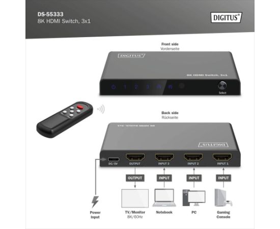 Digitus 8K HDMI Switch, 3x1 DS-55333 Black Новинки Компьютерная техника
