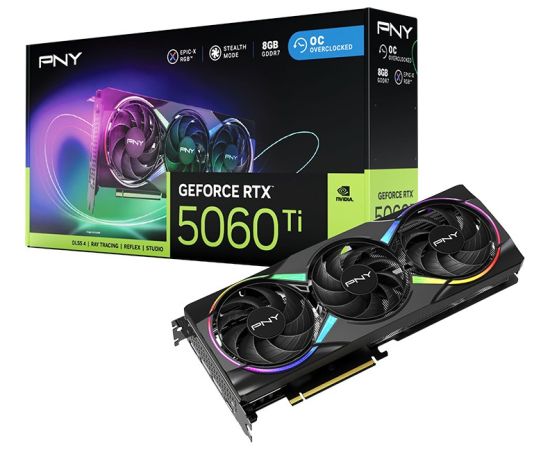Pny Technologies PNY GeForce RTX 5060 Ti Epic-X RGB Overclocked Triple Fan 8GB GDDR7 DLSS4 (VCG5060T8TFXXPB1-O) Grafiskās video kartes