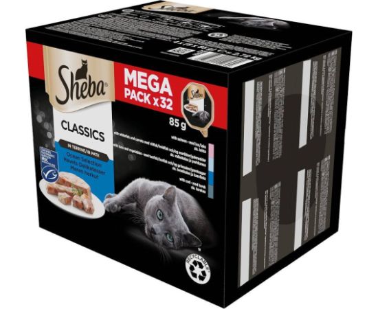 SHEBA Tray of Pate White Fish/Fish/Salmon/Tuna - wet cat food - 32x85 g Kaķu konservi