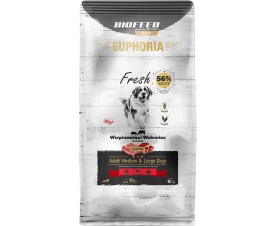 BIOFEED Euphoria Fresh Adult Medium & Large Pork with beef - dry dog food - 12kg Suņu barība