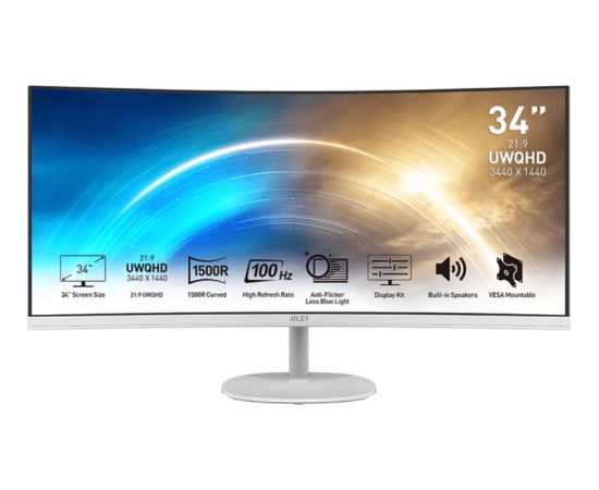 MSI PRO MP341CQWDE, LED monitor - 34 - white, WQHD, VA, curved, 100Hz panel Monitori