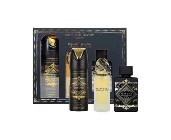 Lattafa Bade'e Al Oud For Glory Dárková sada EDP 100 ml, deospray 200 ml a vlasová mlha 50 ml 100ml Dāvanu komplekti