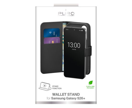 Samsung Galaxy S26+ Eco-Leather Wallet Case by Puro Black Oriģinālie maciņi