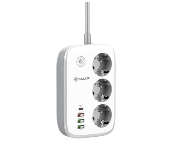 Tellur Smart WiFi Power Strip 3 Outlets, PD30W, QC18W, 2xUSB 2.4A 2500W 10A 2m Strāvas pagarinātāji