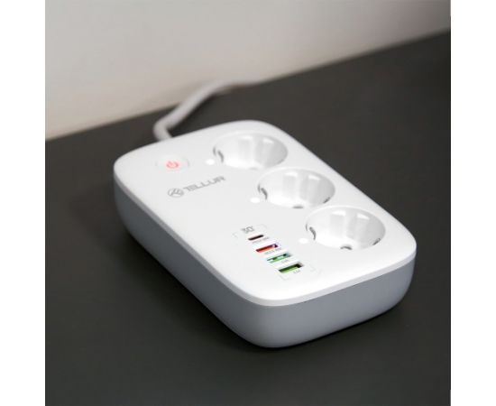 Tellur Smart WiFi Power Strip 3 Outlets, PD30W, QC18W, 2xUSB 2.4A 2500W 10A 2m Strāvas pagarinātāji