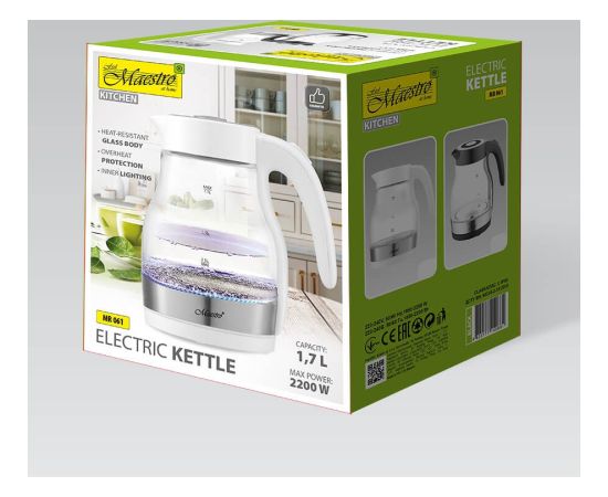 Maestro MR061 electric kettle 1.7 L 2200 W Transparent, White Чайники (электрические)