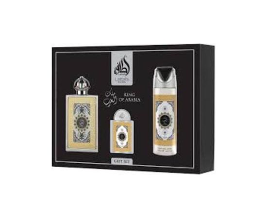 Lattafa King Of Arabia Dárková sada EDP 100 ml, deospray 200 ml a EDP 20 ml 100ml Dāvanu komplekti