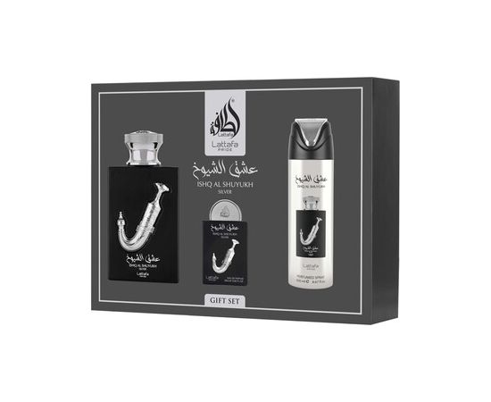 Lattafa Ishq Al Shuyukh Silver Dárková sada EDP 100 ml, deospray 200 ml a EDP 20 ml 100ml Dāvanu komplekti