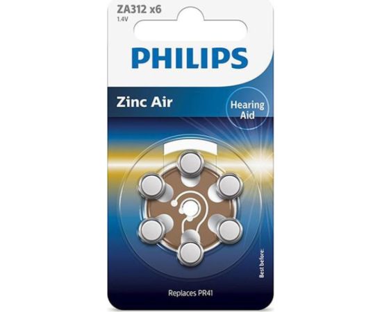 Philips Zinc Air, ZA312/PR41, 1.4 V, 6 pcs - Battery Батарейки, аккумуляторы