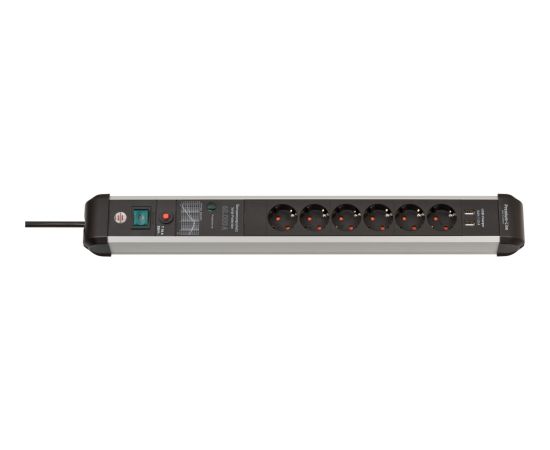 Brennenstuhl Premium-Protect-Line 6-way power strip, black/aluminum, 3 meters, 60,000A surge protection, 2x USB-A Strāvas pagarinātāji