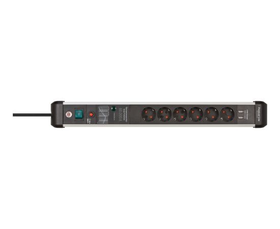 Brennenstuhl Premium-Protect-Line 6-way power strip, black/aluminum, 3 meters, 60,000A surge protection, 2x USB-A Strāvas pagarinātāji
