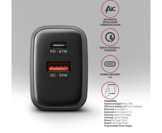 MOBILE CHARGER WALL USB 67W/GAN 2PORT ACU-PQ67 AXAGON Новинки смартфонов и телефонов