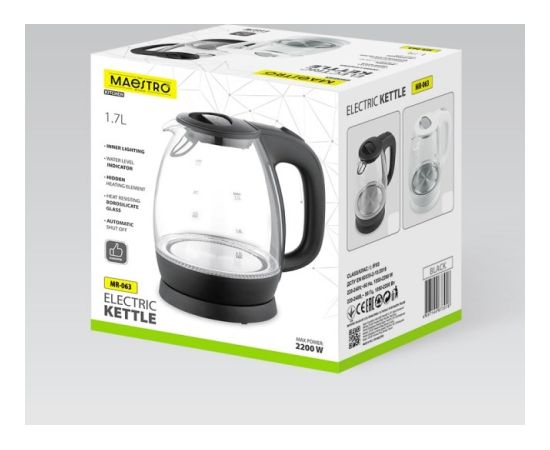Czajnik elektryczny szklany 1,7L 2200W MR-063-WHITE MAESTRO Tējkannas (elektriskās)