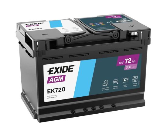 EXIDE START-STOP AGM EK720 12V 72Ah 760A(EN) 278x175x190 0/1 EAN3661024037907 Akumulatori