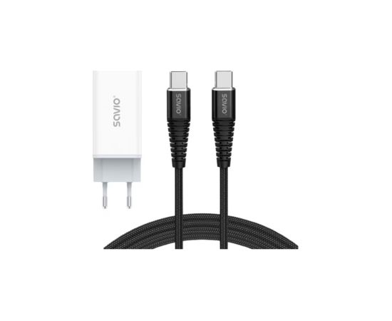 Lādētājs Savio GaN 65W + USB Type-C - USB Type-C 1m Cable Telefonu lādētāji 220v
